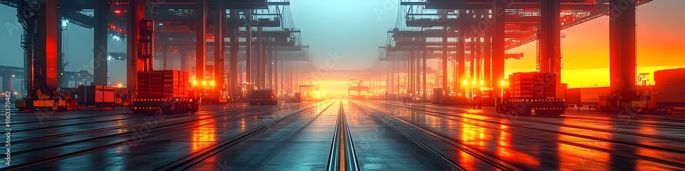 Poster panoramic view of an illuminated,futuristic cargo port logistics and transportation infrastructure a