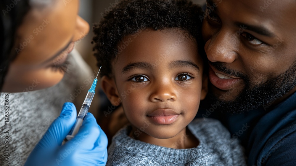 Poster pediatric healthcare team examining a child, using child-friendly tools and a comforting approach in