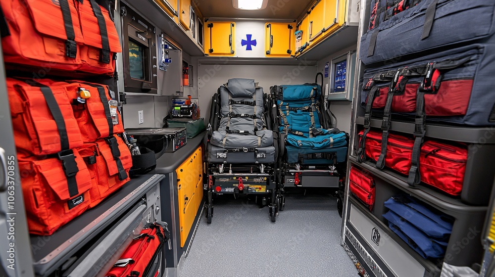 Poster emergency medical technician assisting a patient in an ambulance, carefully monitoring their vital s