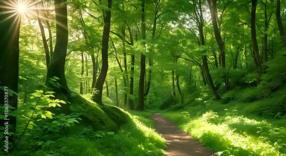 Poster a winding dirt path through a dense, green forest with towering trees and soft beams of sunlight fil