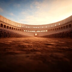 A vast, ancient arena with stone seating and a dusty floor at sunset.