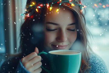 Portrait of a smiling young woman with fairy lights in hair. Celebration, party and New year concept.