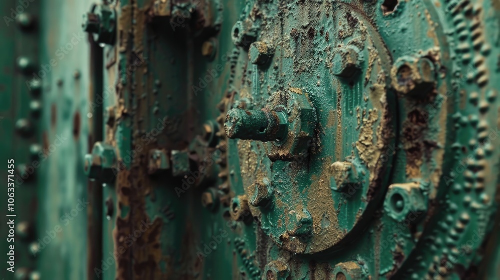 Poster A detailed view of a green metal door with no handle or lock, suitable for use in architectural or design contexts