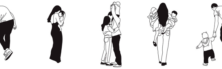 Hand-drawn doodle family border. Outline family clipart. Hand-drawn black art.