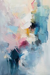 vertical abstract oil paint with soft, muted colors blending together in organic shapes, surrounded by gentle brush textures and subtle gradients, creating a soothing and peaceful composition