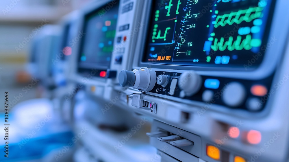 Poster intensive care nurses monitoring life-support equipment for a patient, carefully checking the machin