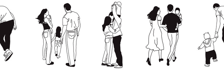 Hand-drawn doodle family border. Outline family clipart. Hand-drawn black art.