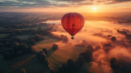 Sunrise Hot Air Balloon Flight Over Foggy Landscape