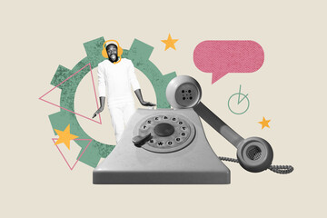 Composite trend artwork sketch collage of copyspace young man operator support call obsolete landline phone speech cloud cogwheel worker