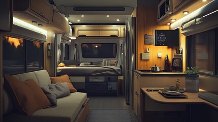 Modern motorhome interior with cozy living space.