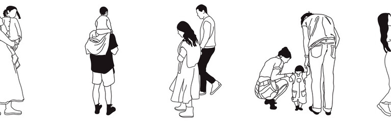 Hand-drawn doodle family border. Outline family clipart. Hand-drawn black art.