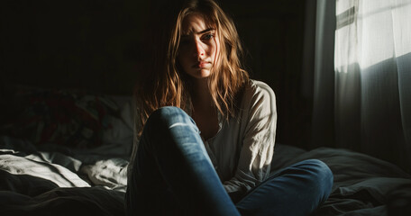 Obraz premium Depressed woman in dim light. The concept of mental health and mind hygiene. Copy space.