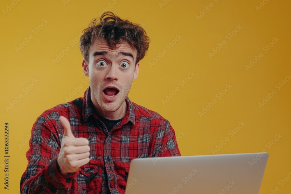 Aufkleber a man looks surprised while holding a laptop, possibly due to an unexpected event or discovery