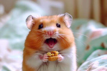 Adorable chubby hamster excitedly holding snack in cozy setting