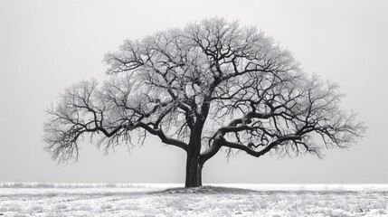 A stark tree silhouette stands boldly against a pure white background