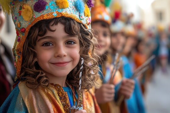 Joyful children parading in colorful costumes for Purim celebration and festive fun
