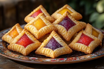 Close-up of colorful hamantaschen pastry arrangement for Purim celebration