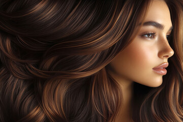 Close up of shiny healthy brunette hair with highlights