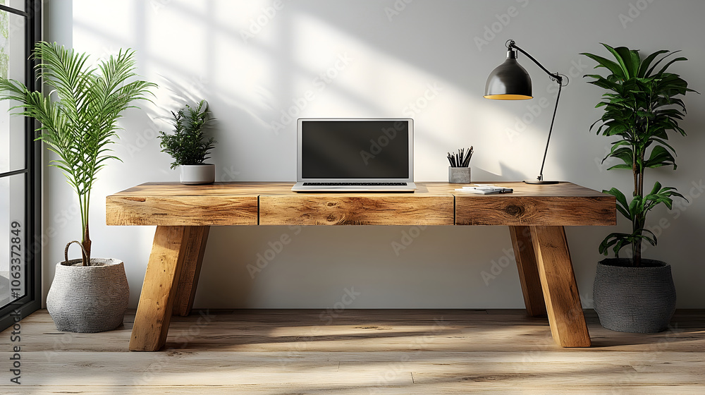 Poster sleek and stylish modern minimalist desk setup with laptop isolated on a clean white background for 