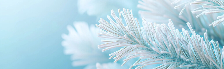 A close-up of icy white conifer needles, showcasing their luxurious frosty appearance. The cool blue background enhances the wintry, serene atmosphere, perfect for Christmas or winter-themed designs. 