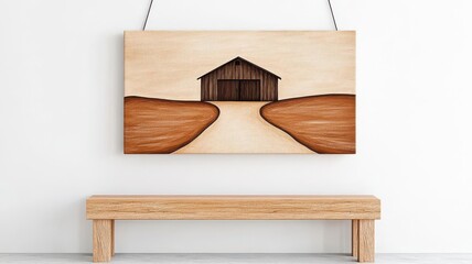 Rustic farmhouse landscape on a hanging canvas, vintage style, sepia tones, textured brushstrokes, peaceful rural scenery