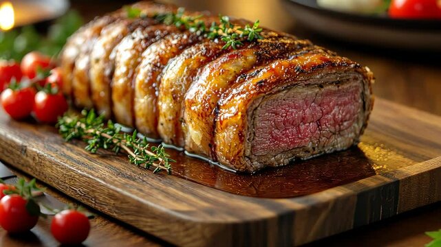 Chef presenting bacon wrapped beef tenderloin roast
