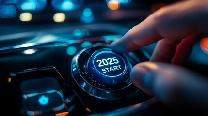 Finger about to press the illuminated start button for 2025, New year concept. 