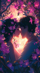 Fototapeta premium Valentines Romantic Hug in Anime Style: Kawaii Couple with Lofi Colors