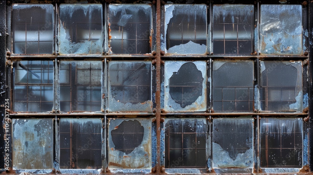 Aufkleber A window with broken glass in an abandoned or ruined building