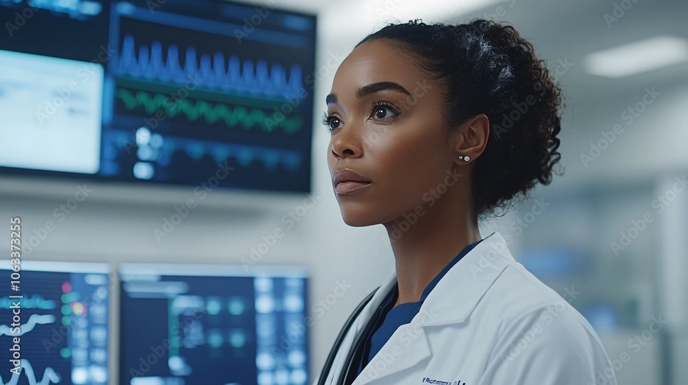 Poster Healthcare worker checking blood pressure, gently guiding the patient through each step while monitoring results on a digital screen with empty space for text