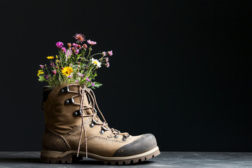 Worn hiking boots transformed into a planter with wildflowers, spring concept with space for text.