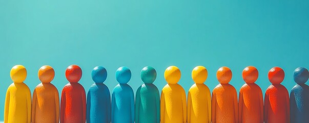 Artistic arrangement of small wooden figures symbolizing a corporate business team, emphasizing the essence of teamwork, bright colors, engaging composition