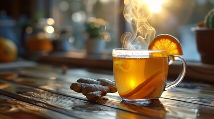 A steaming cup of ginger tea gently releasing