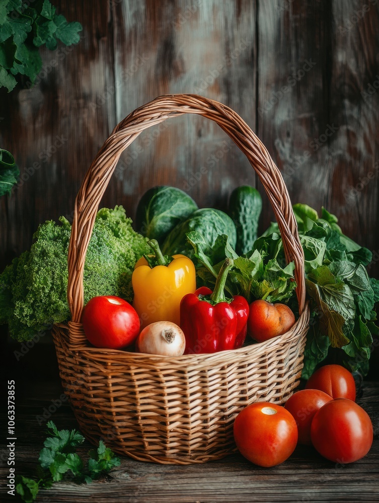Poster a wicker basket is filled with vibrant vegetables and fruits, placed on a rustic wooden table surrou