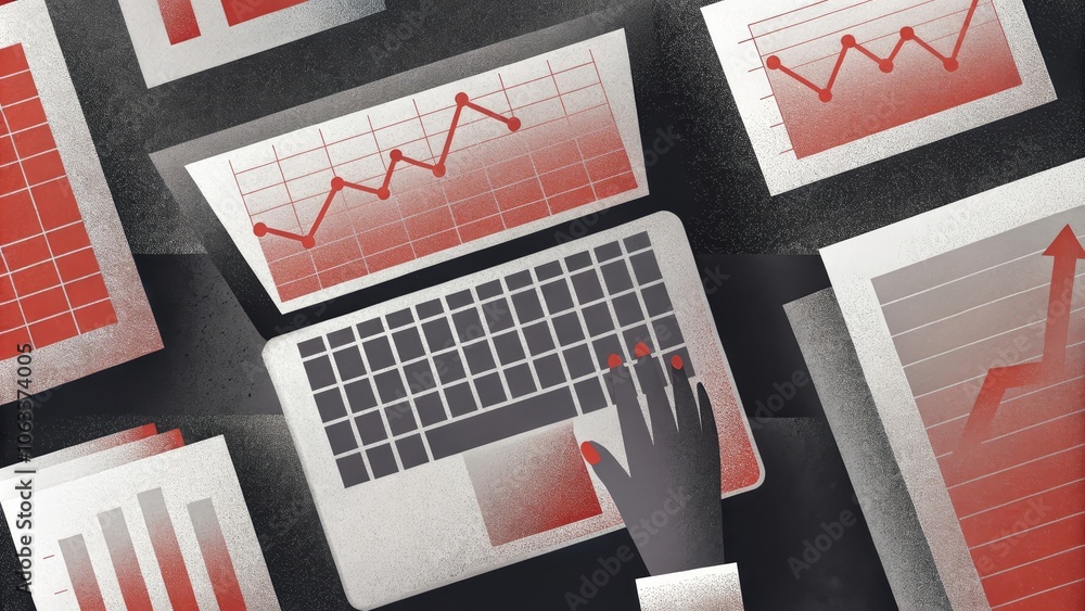 Poster remote data analysis with graphs and charts on laptop screen