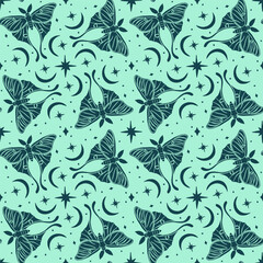 Monochrome seamless pattern with celestial luna moth and paisley motif. Stars and moons boho wallpaper. Nocturnal butterfly background.