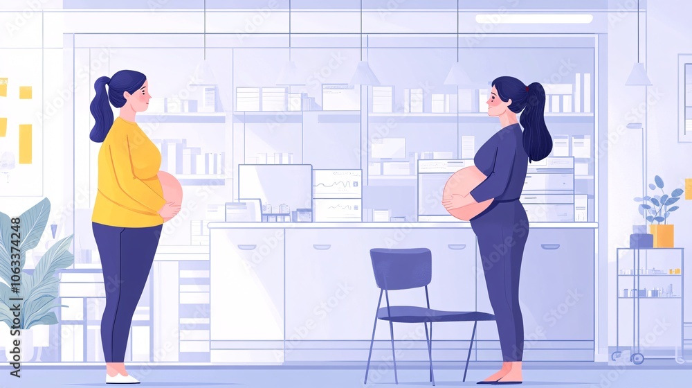 Poster doctor conducting a wellness check for a pregnant patient, explaining each step and sharing a warm, 