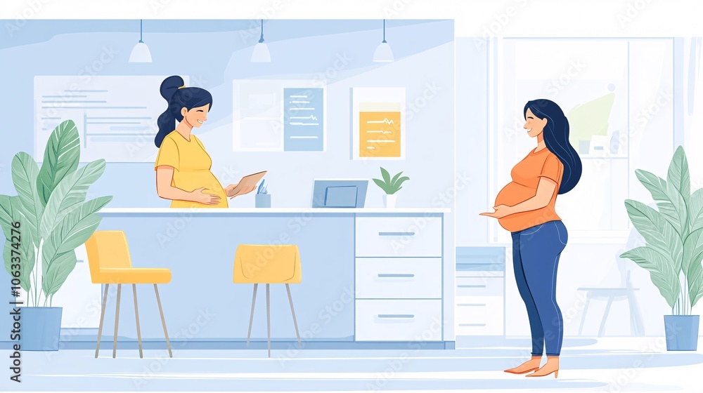Poster doctor conducting a wellness check for a pregnant patient, explaining each step and sharing a warm, 
