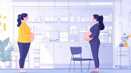 Doctor conducting a wellness check for a pregnant patient, explaining each step and sharing a warm, supportive interaction in an OB-GYN clinic with empty space for text
