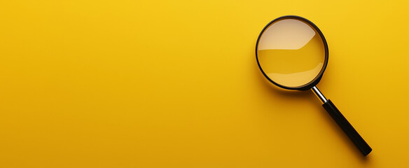 Magnifying glass on a vibrant yellow background for exploration concept with place for text. 