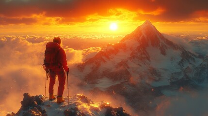 Climber Stands on Mountain Peak, Admiring Sunset