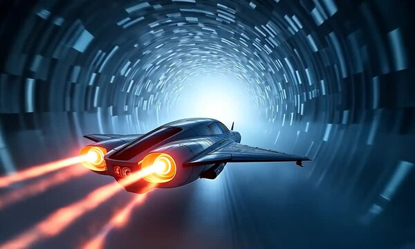 Super Plane Hyperspace Jump. Flying Through the Universe Lightspeed Tunnel. Effect.