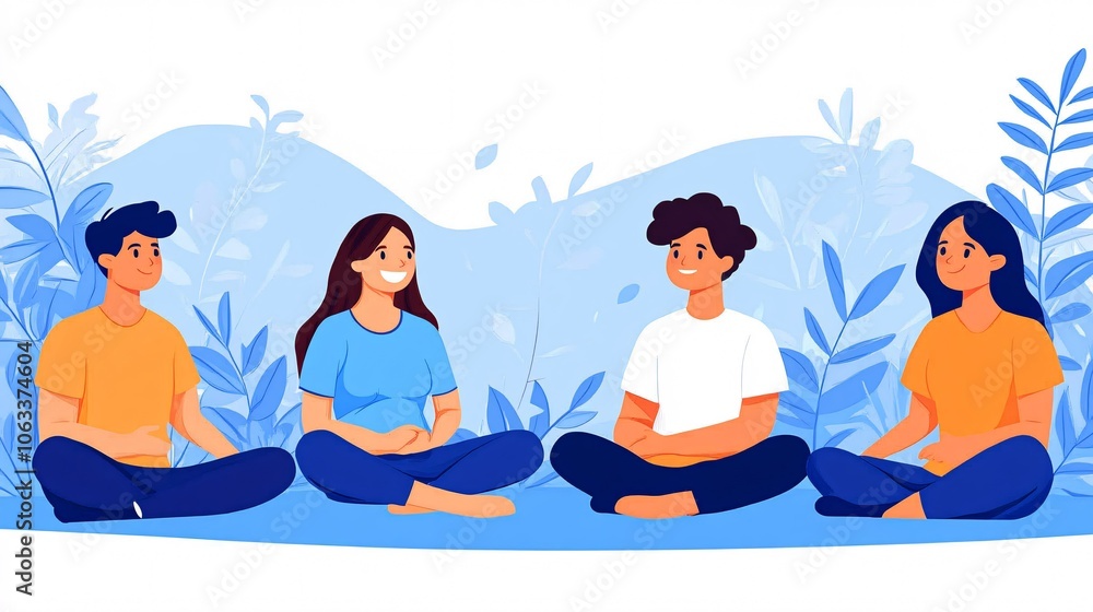 Poster Group therapy session with diverse participants seated in a circle, fostering open conversation and mutual support in a comfortable, inclusive space with empty space for text