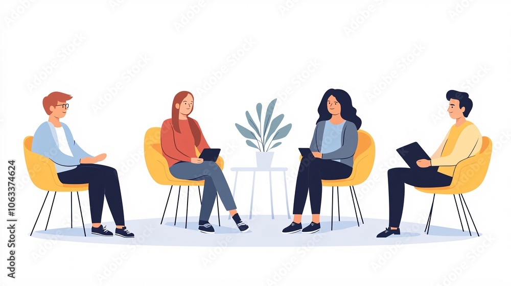 Poster Group therapy session with diverse participants seated in a circle, fostering open conversation and mutual support in a comfortable, inclusive space with empty space for text
