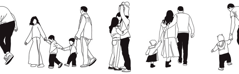 Hand-drawn doodle family border. Outline family clipart. Hand-drawn black art.