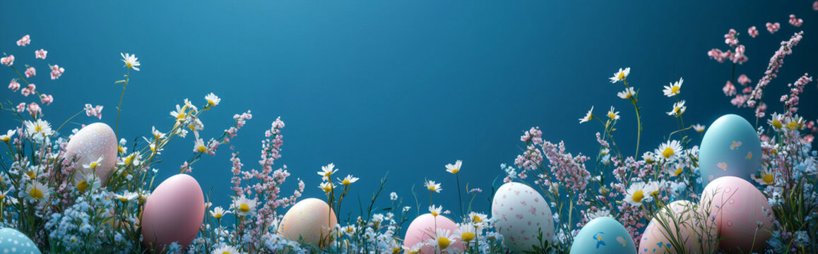 A vibrant spring banner featuring pastel Easter eggs and white blossoms on a teal background, perfect for seasonal sales and celebrations. Copy space.  - Powered by Adobe