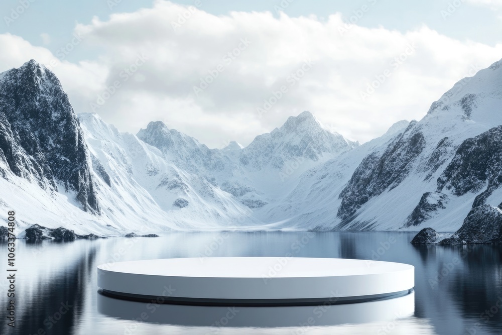 Poster a serene scene featuring a round platform situated in the center of a frozen lake, surrounded by sno