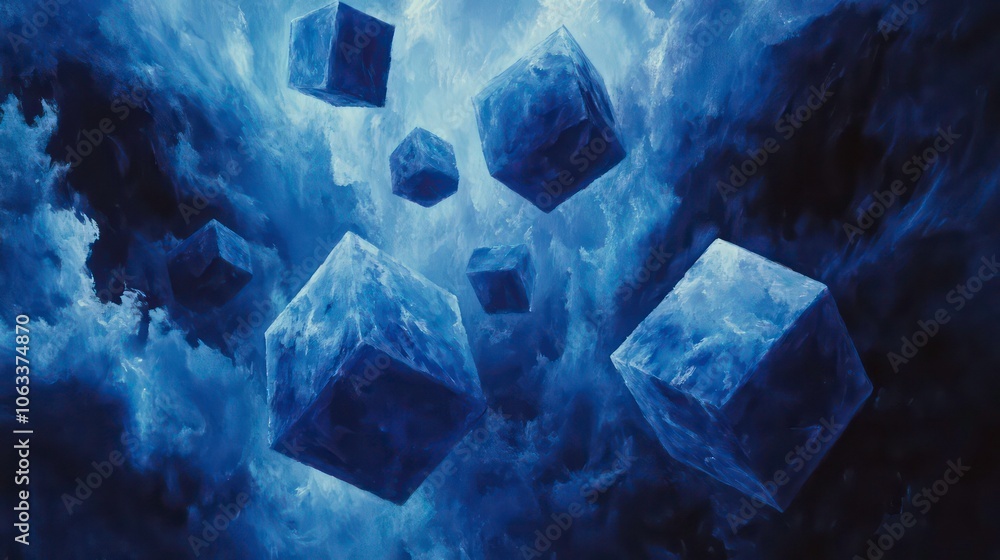 Poster These abstract images feature blue cubes floating in a blue void.