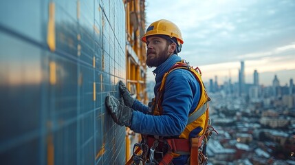 A construction worker wearing a helmet and harness leans against a wall of panels while working at a considerable height. The urban skyline glimmers under the sunset.