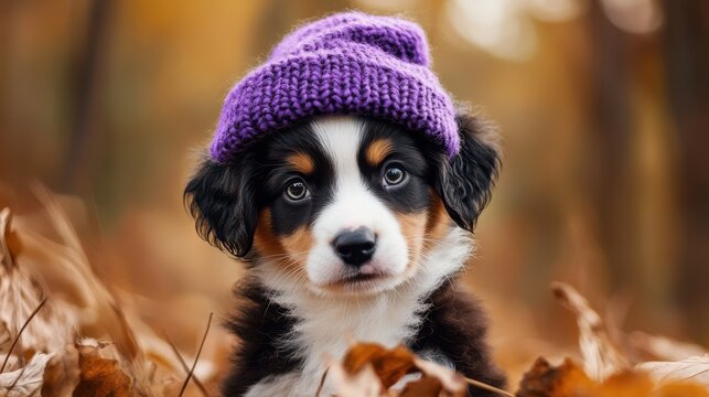 Adorable Puppy in a Purple Hat